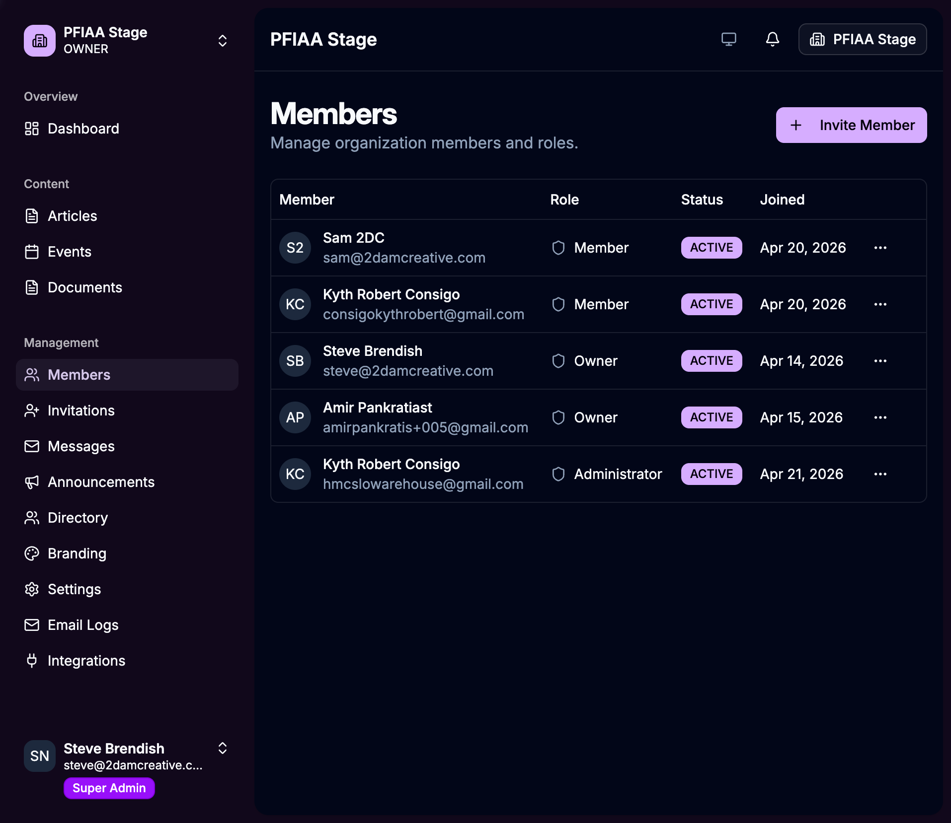 Members list showing all imported members with name, role, status, and join date