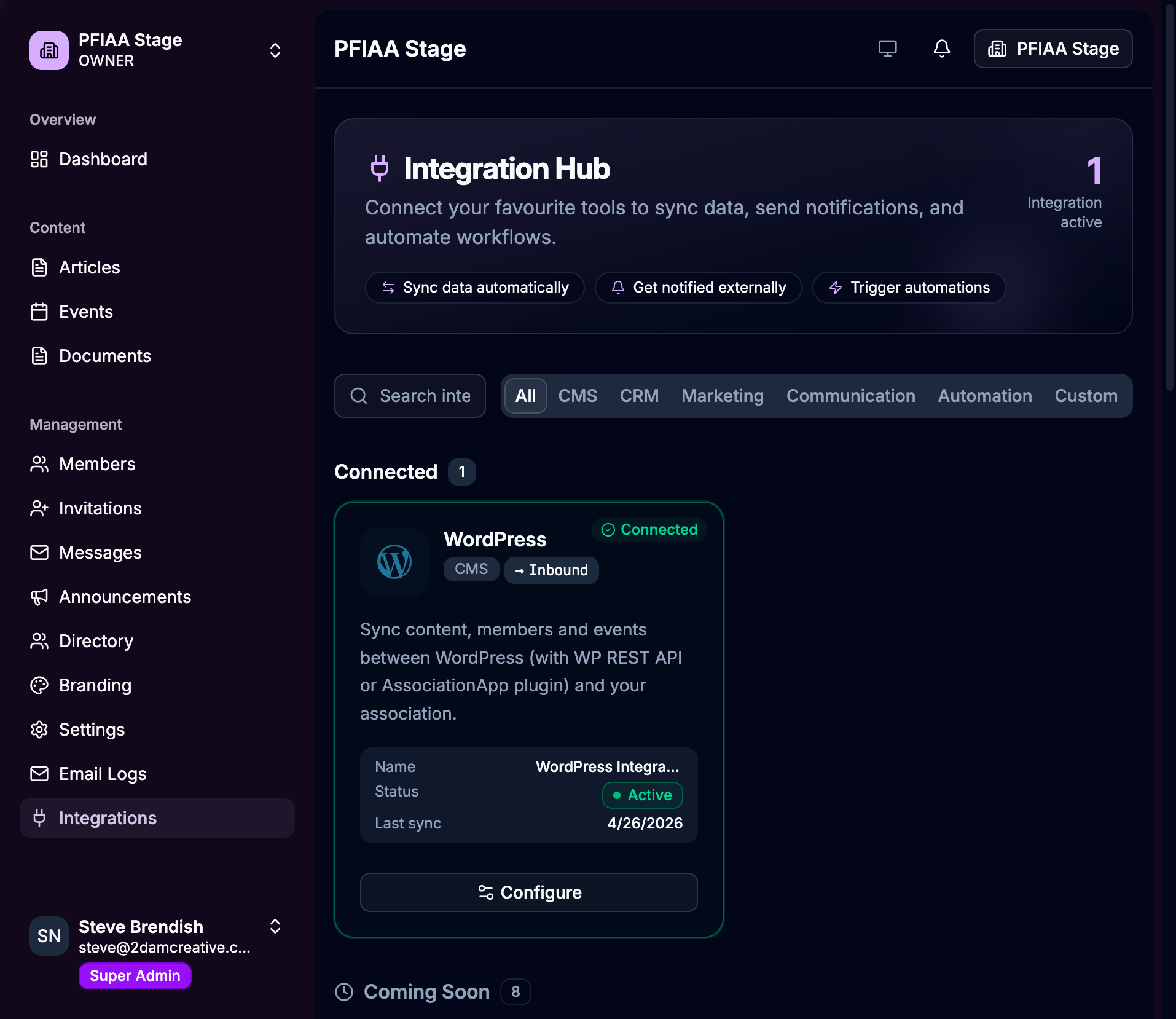 Integration Hub showing the WordPress connector connected and active