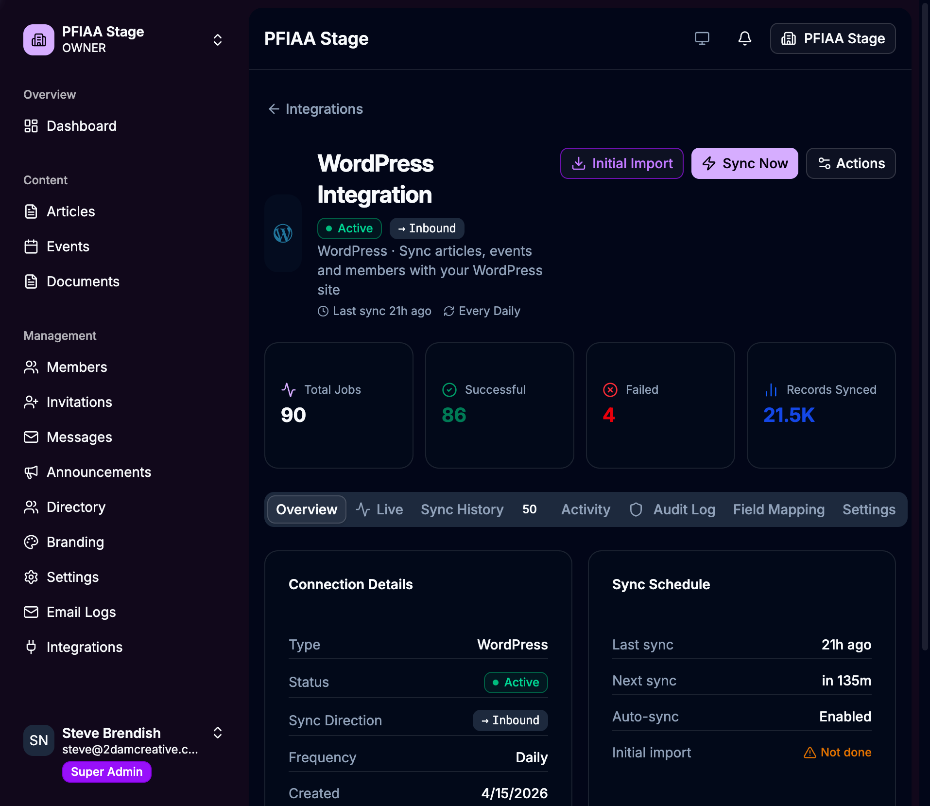 WordPress connector detail page showing status, sync stats, and controls