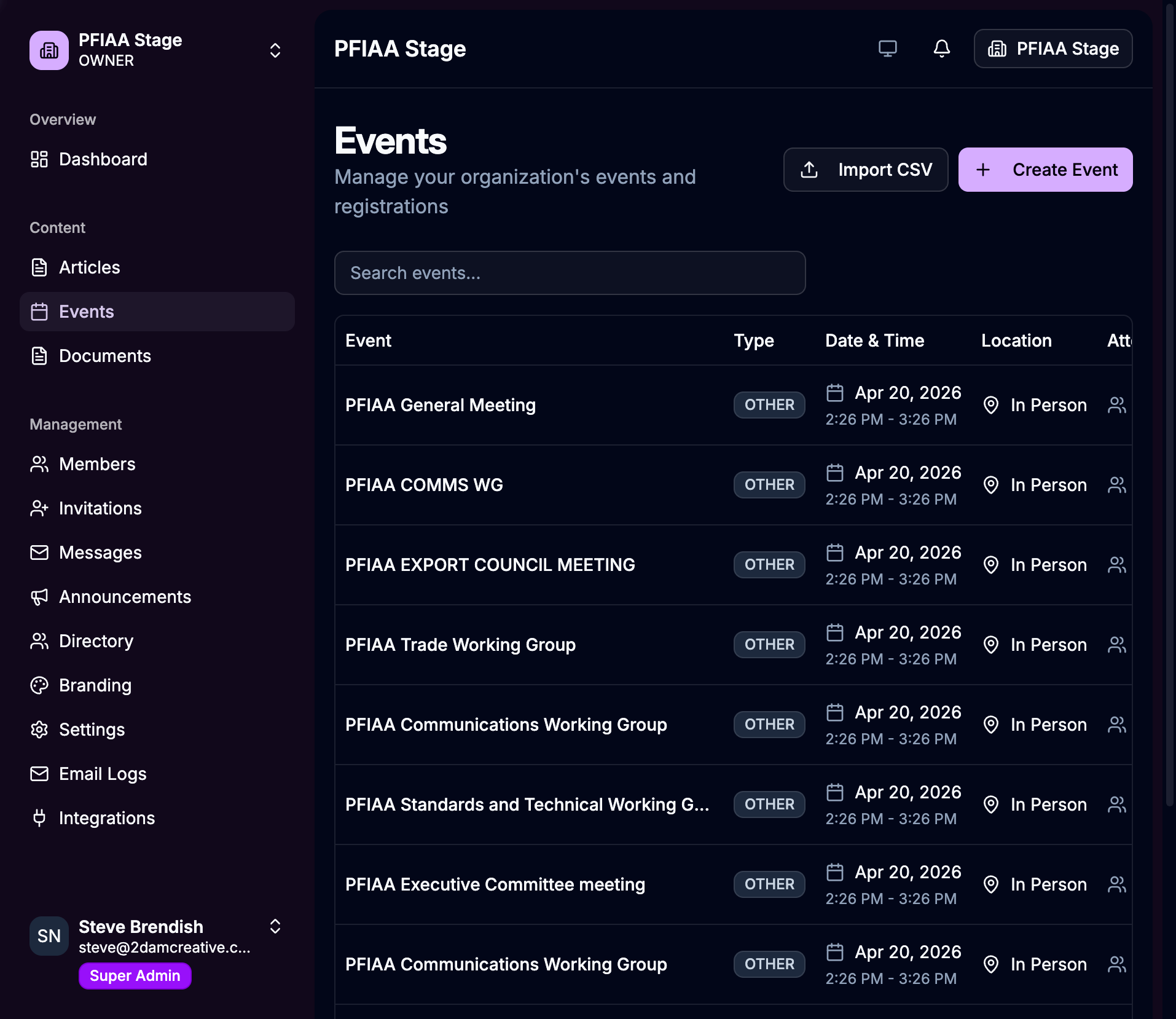 Events list showing imported PFIAA events