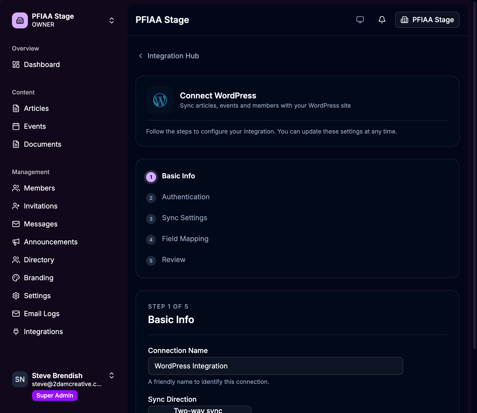 Connector setup wizard Step 1 — Basic Info, naming the WordPress connection