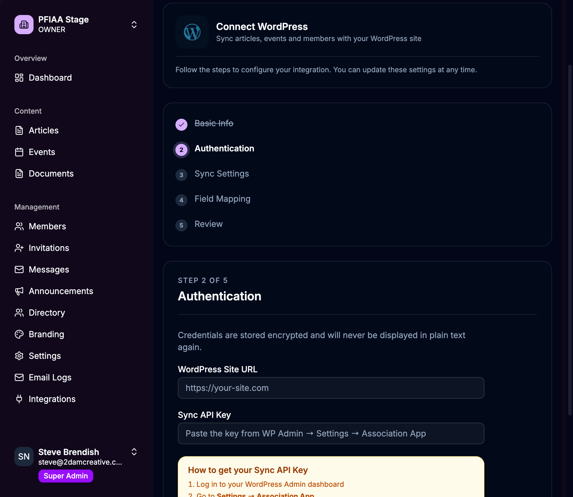 Connector setup wizard Step 2 — Authentication, entering WordPress URL and API key