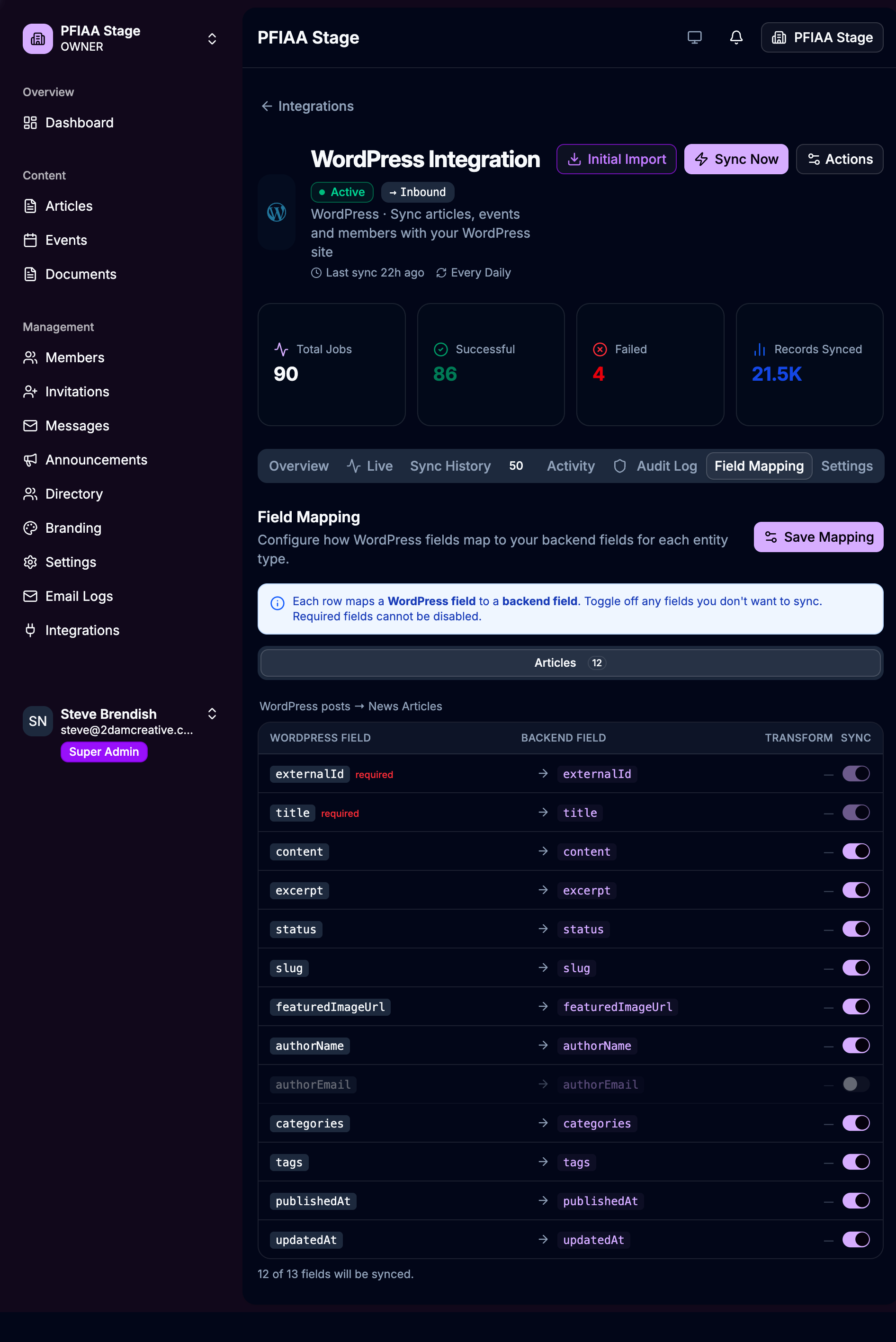 WordPress connector Field Mapping tab showing Articles mapping with source, target, and sync toggle columns