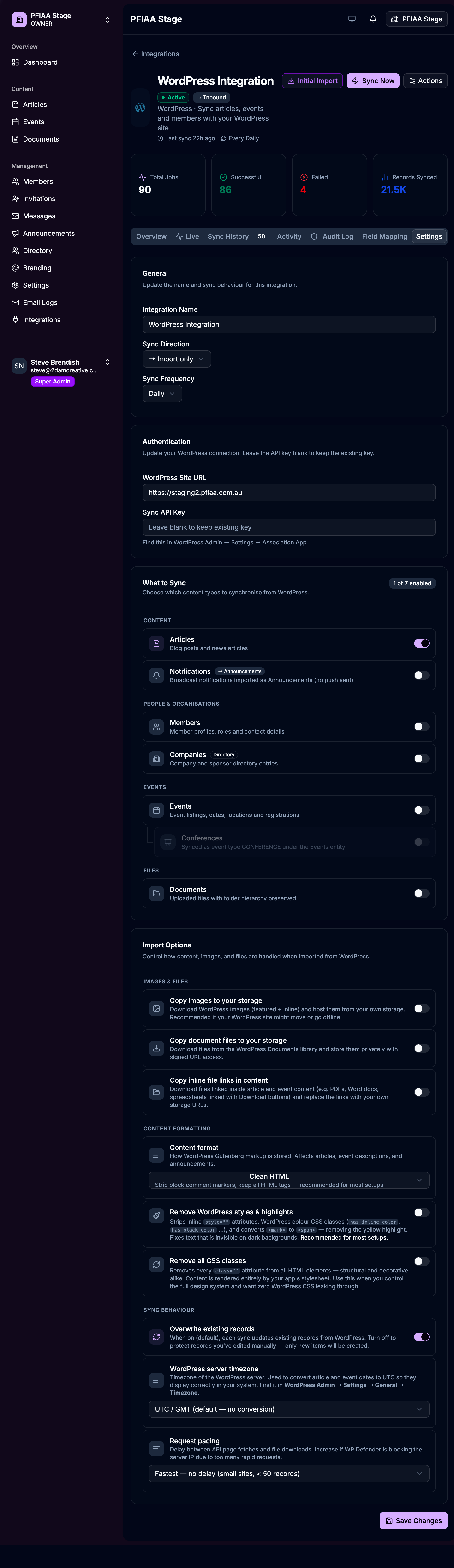 WordPress connector Settings tab showing all configuration sections